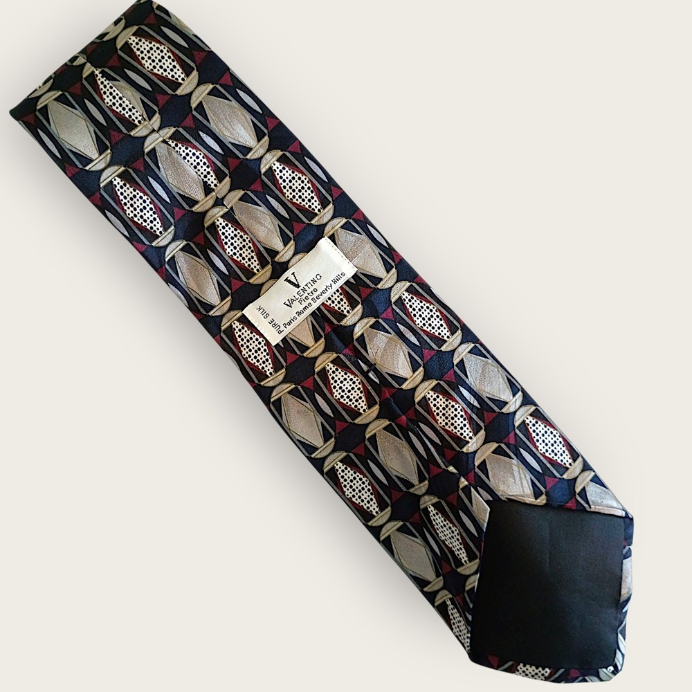Valentino Mens Silk Geometric Pattern Necktie Navy‎ Rome Y2K Luxury Old Money